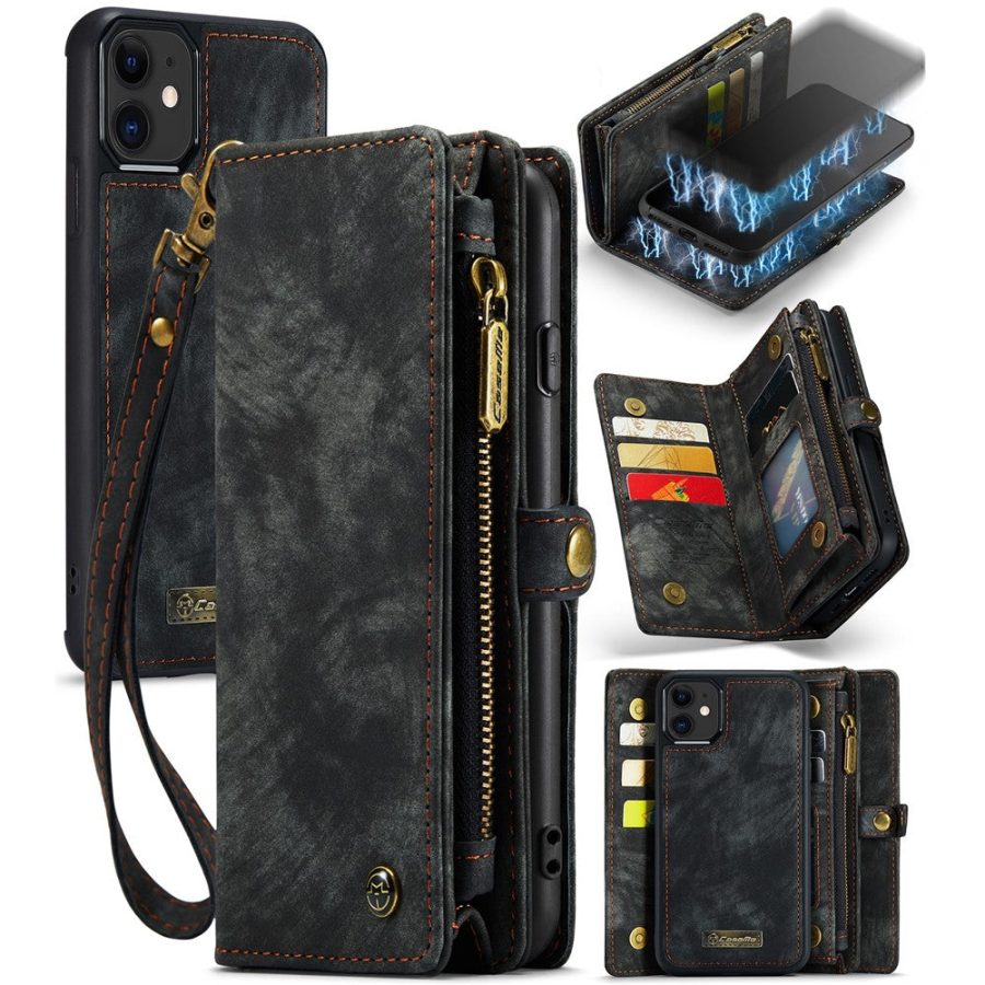 CASEME For iPhone 12 Mini Case 2-in-1 Detachable Magnetic Zipper Wallet Vegan Leather Flip Cover
