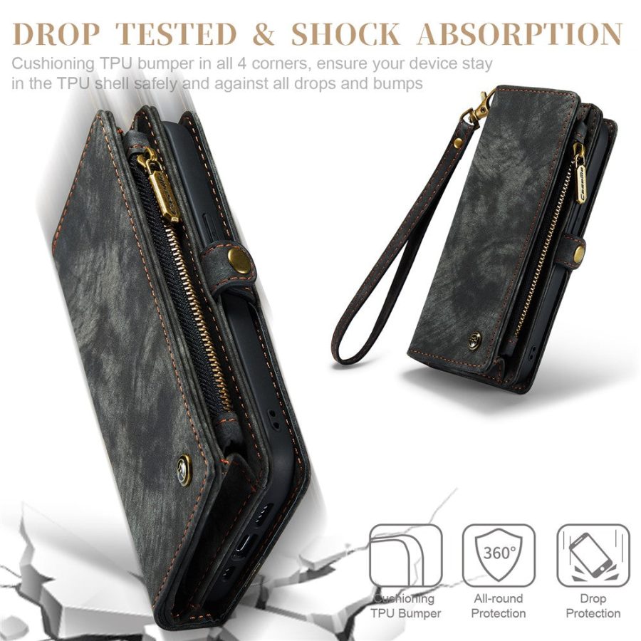 CASEME For iPhone 12 Mini Case 2-in-1 Detachable Magnetic Zipper Wallet Vegan Leather Flip Cover