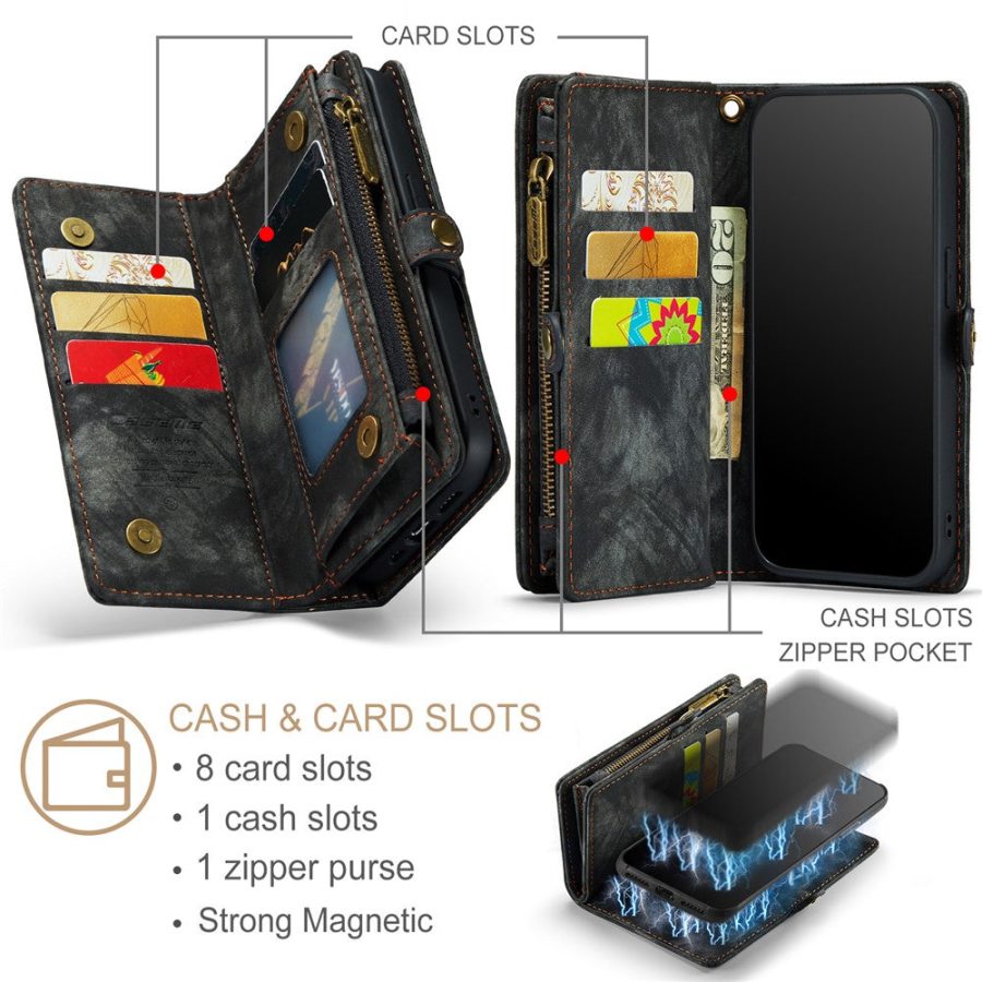 CASEME For iPhone 12 Mini Case 2-in-1 Detachable Magnetic Zipper Wallet Vegan Leather Flip Cover