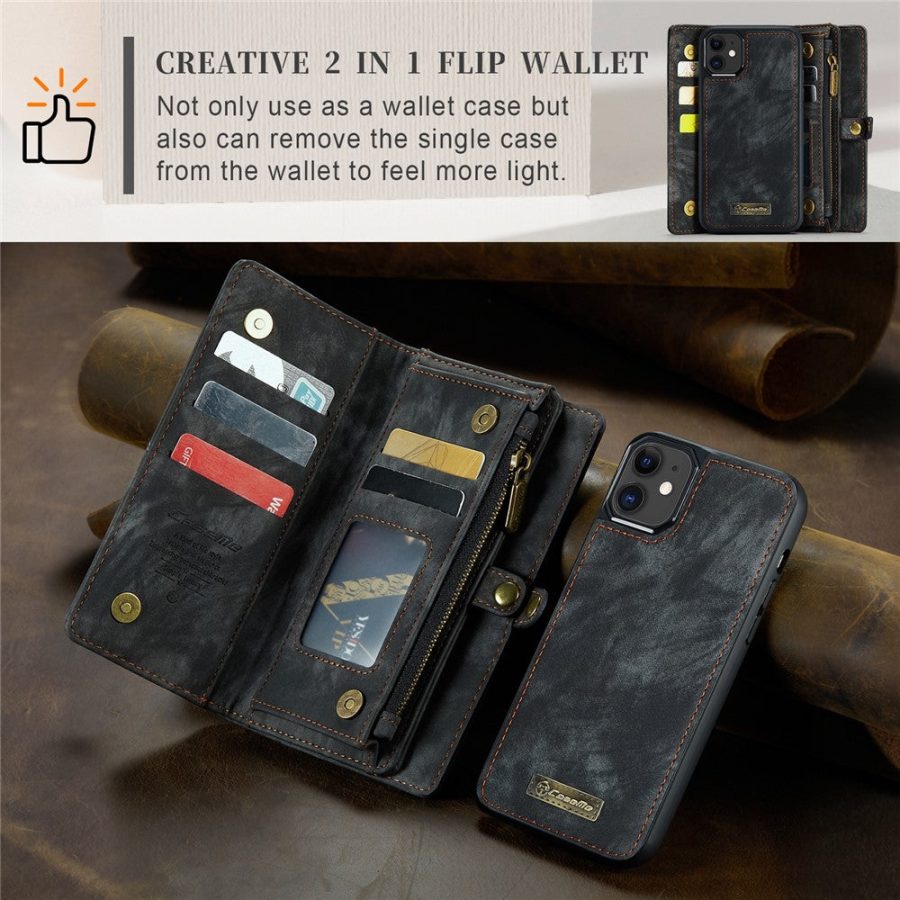 CASEME For iPhone 12 Mini Case 2-in-1 Detachable Magnetic Zipper Wallet Vegan Leather Flip Cover
