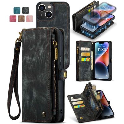 101130090A-1 CASEME For iPhone 13 Case 2-in-1 Detachable Magnetic Zipper Wallet Vegan Leather Flip Cover