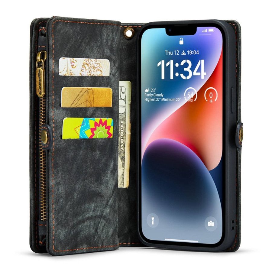 CASEME For iPhone 13 Case 2-in-1 Detachable Magnetic Zipper Wallet Vegan Leather Flip Cover