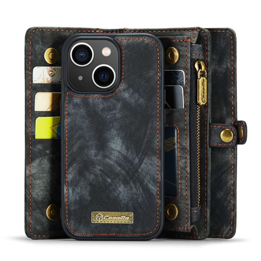 CASEME For iPhone 13 Case 2-in-1 Detachable Magnetic Zipper Wallet Vegan Leather Flip Cover