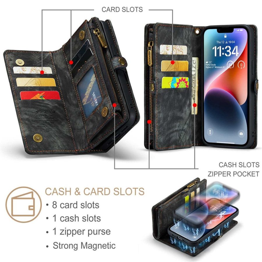 CASEME For iPhone 13 Case 2-in-1 Detachable Magnetic Zipper Wallet Vegan Leather Flip Cover
