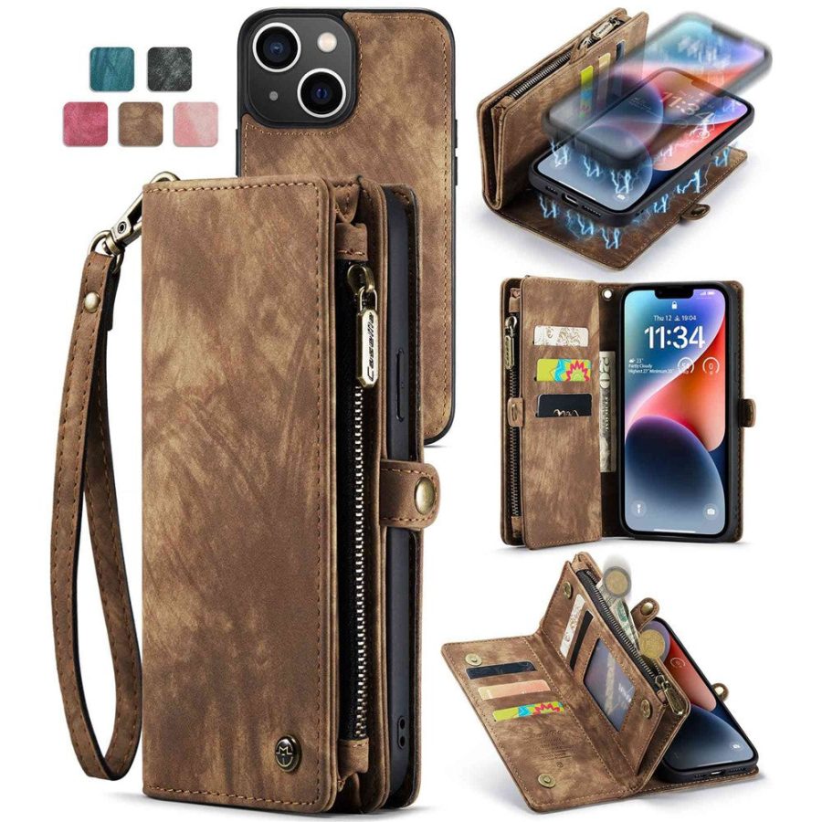 CASEME For iPhone 13 Case 2-in-1 Detachable Magnetic Zipper Wallet Vegan Leather Flip Cover