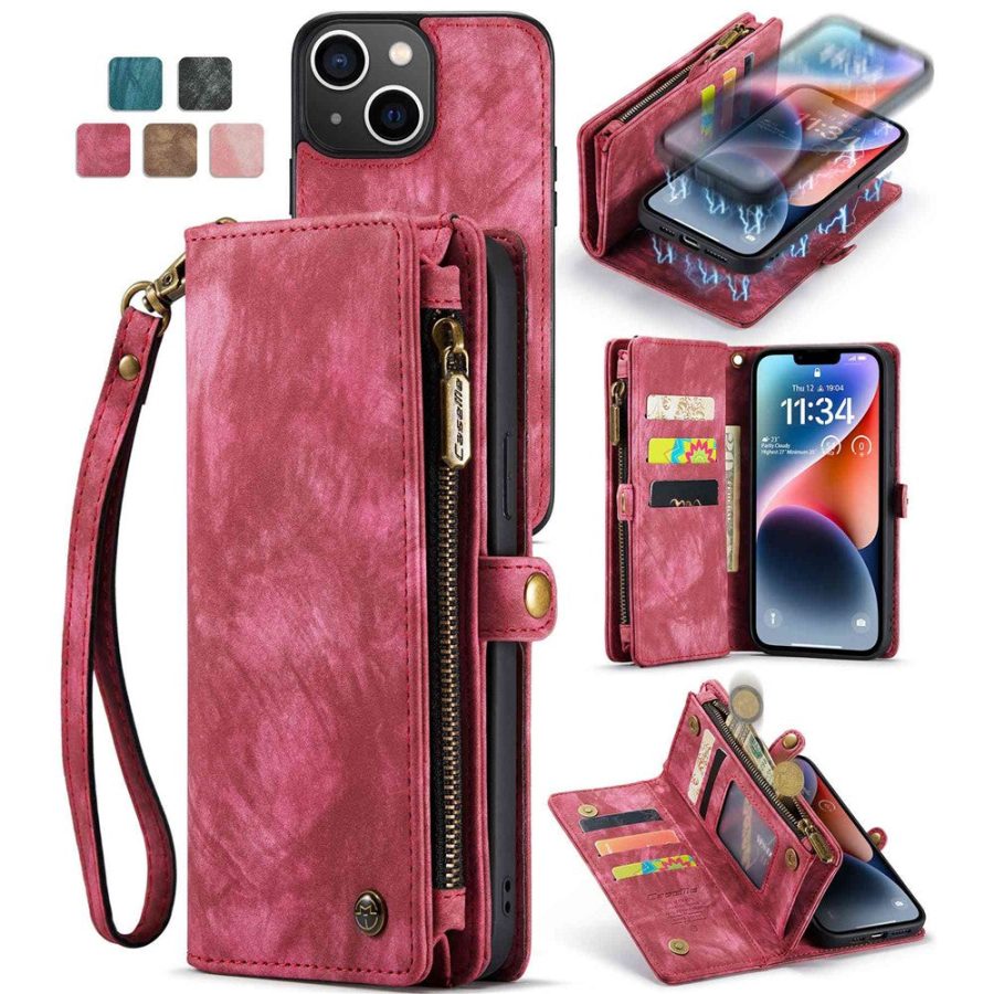 CASEME For iPhone 13 Case 2-in-1 Detachable Magnetic Zipper Wallet Vegan Leather Flip Cover