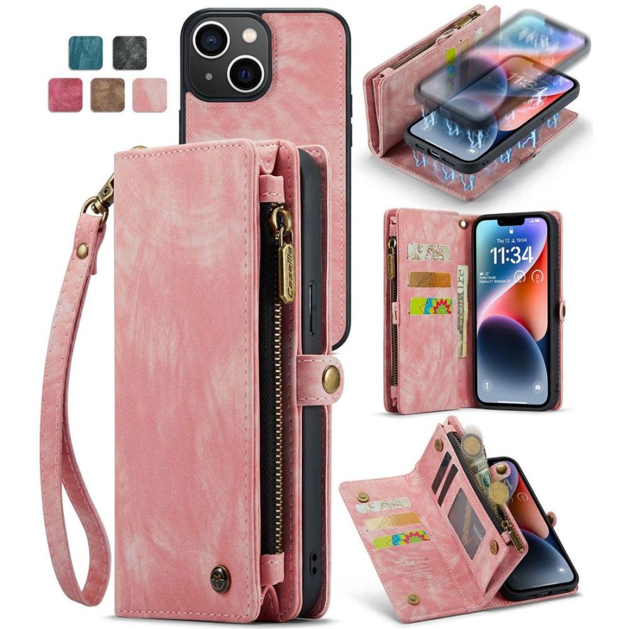 CASEME For iPhone 13 Case 2-in-1 Detachable Magnetic Zipper Wallet Vegan Leather Flip Cover