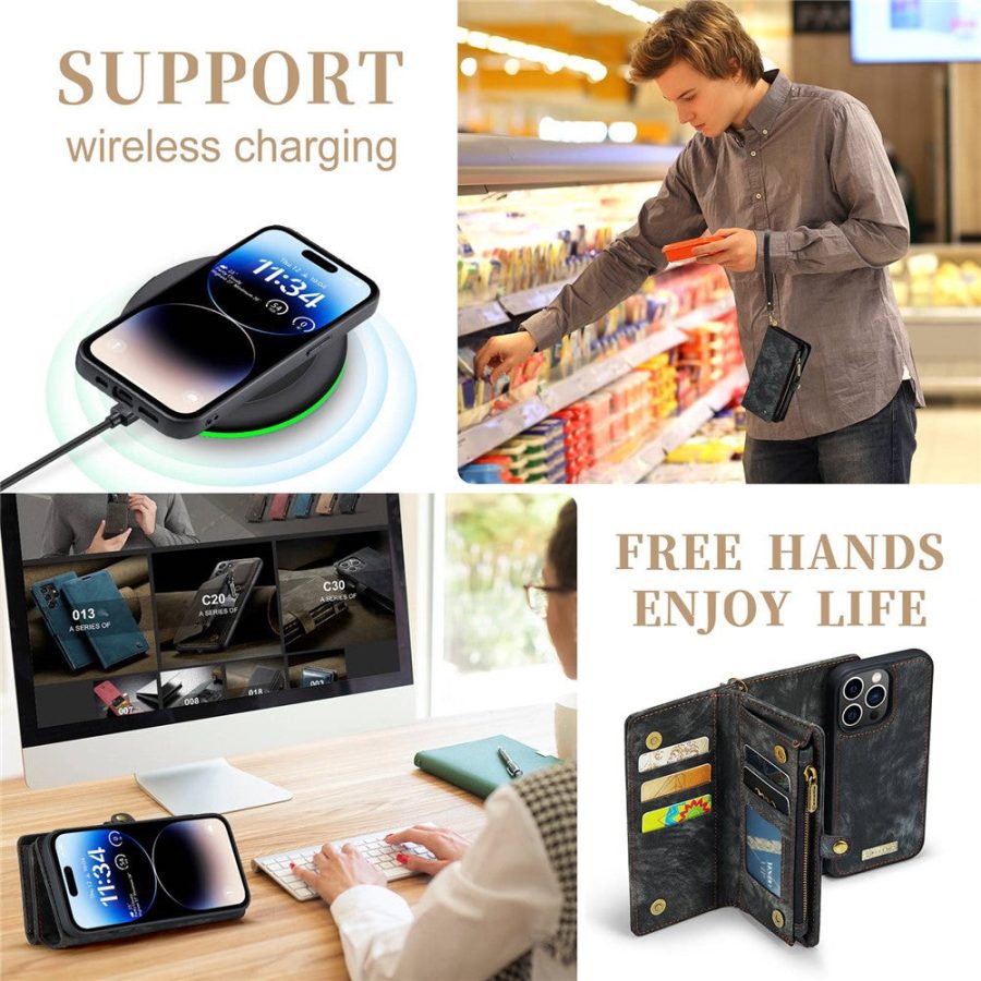 CASEME For iPhone 13 Pro Max Case 2-in-1 Detachable Magnetic Zipper Wallet Vegan Leather Flip Cover