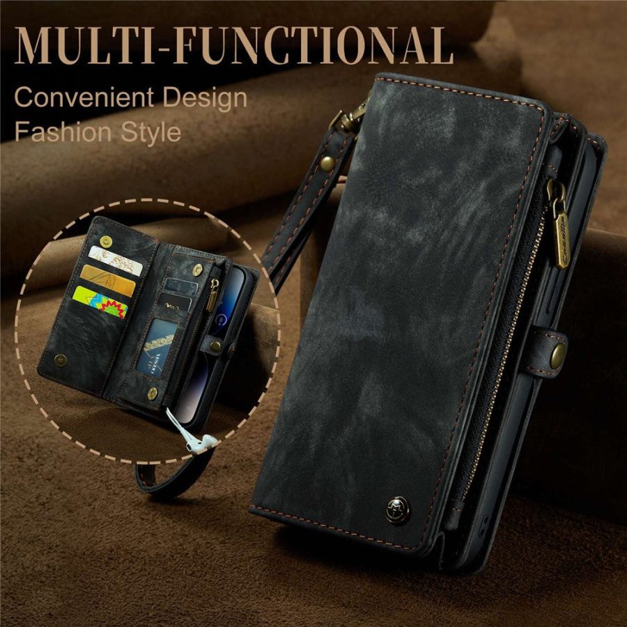 CASEME For iPhone 13 Pro Max Case 2-in-1 Detachable Magnetic Zipper Wallet Vegan Leather Flip Cover