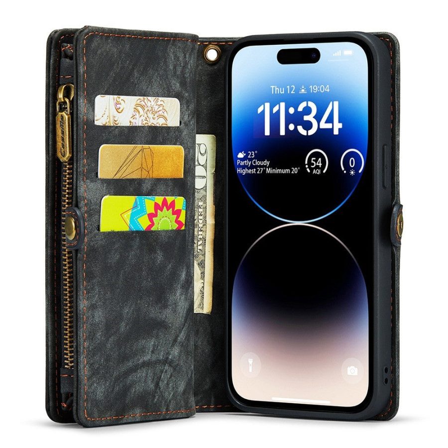 CASEME For iPhone 13 Pro Max Case 2-in-1 Detachable Magnetic Zipper Wallet Vegan Leather Flip Cover