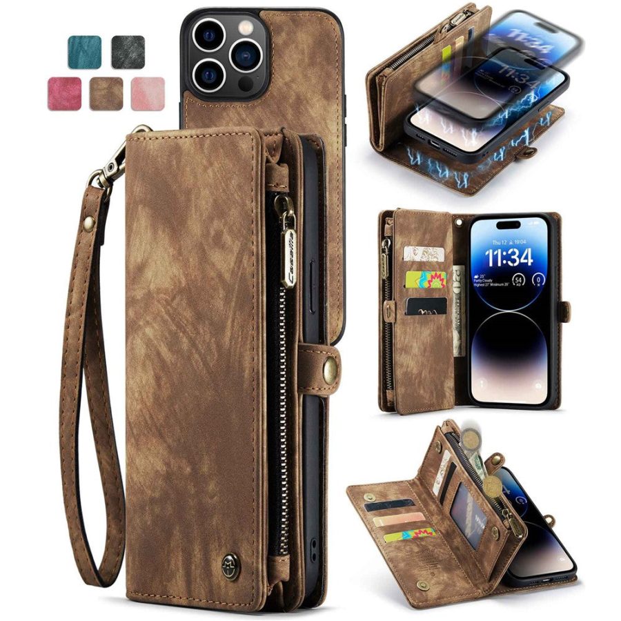 CASEME For iPhone 13 Pro Max Case 2-in-1 Detachable Magnetic Zipper Wallet Vegan Leather Flip Cover