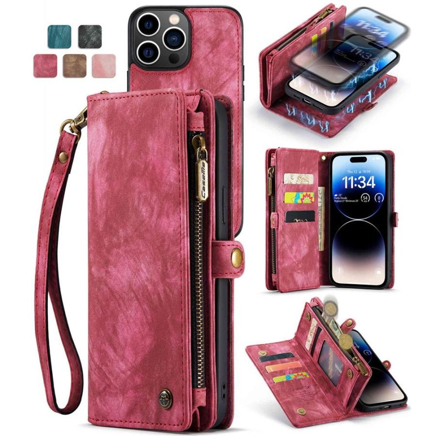 101130092A-1 CASEME For iPhone 13 Pro Case 2-in-1 Detachable Magnetic Zipper Wallet Vegan Leather Flip Cover