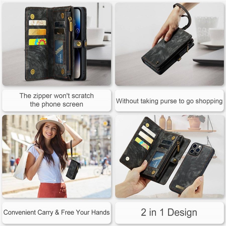 101130092C-10 CASEME For iPhone 13 Pro Case 2-in-1 Detachable Magnetic Zipper Wallet Vegan Leather Flip Cover