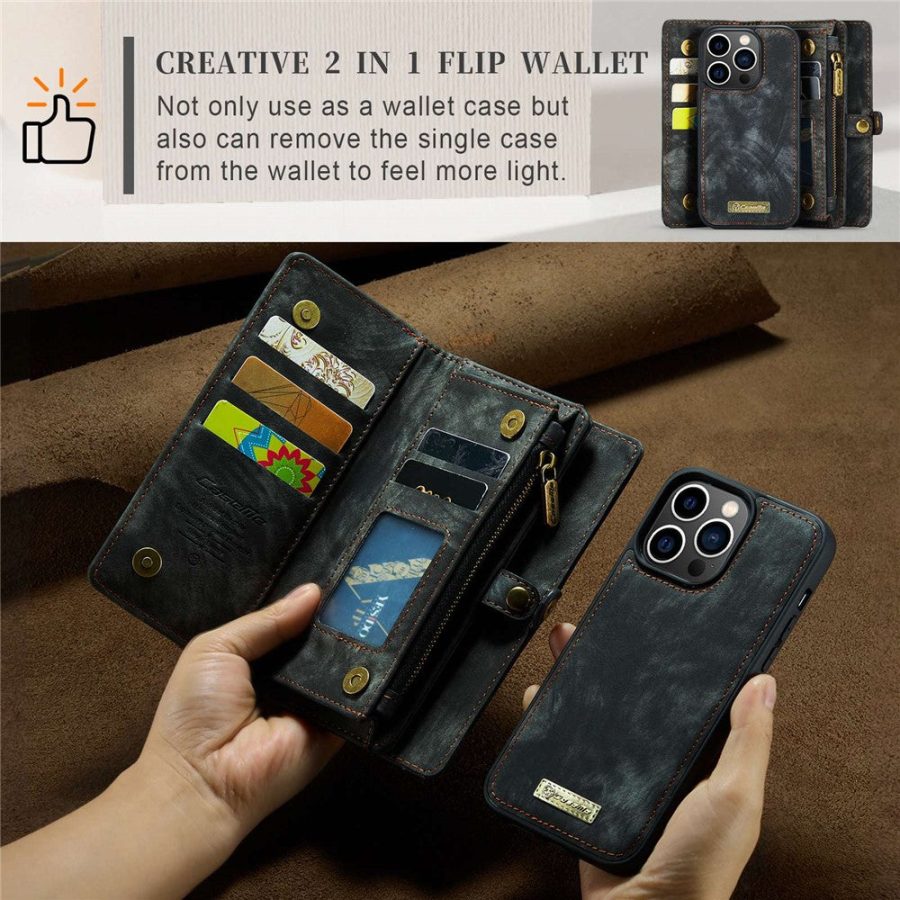 101130092C-12 CASEME For iPhone 13 Pro Case 2-in-1 Detachable Magnetic Zipper Wallet Vegan Leather Flip Cover