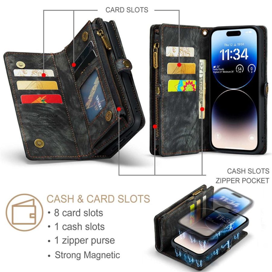 101130092C-9 CASEME For iPhone 13 Pro Case 2-in-1 Detachable Magnetic Zipper Wallet Vegan Leather Flip Cover