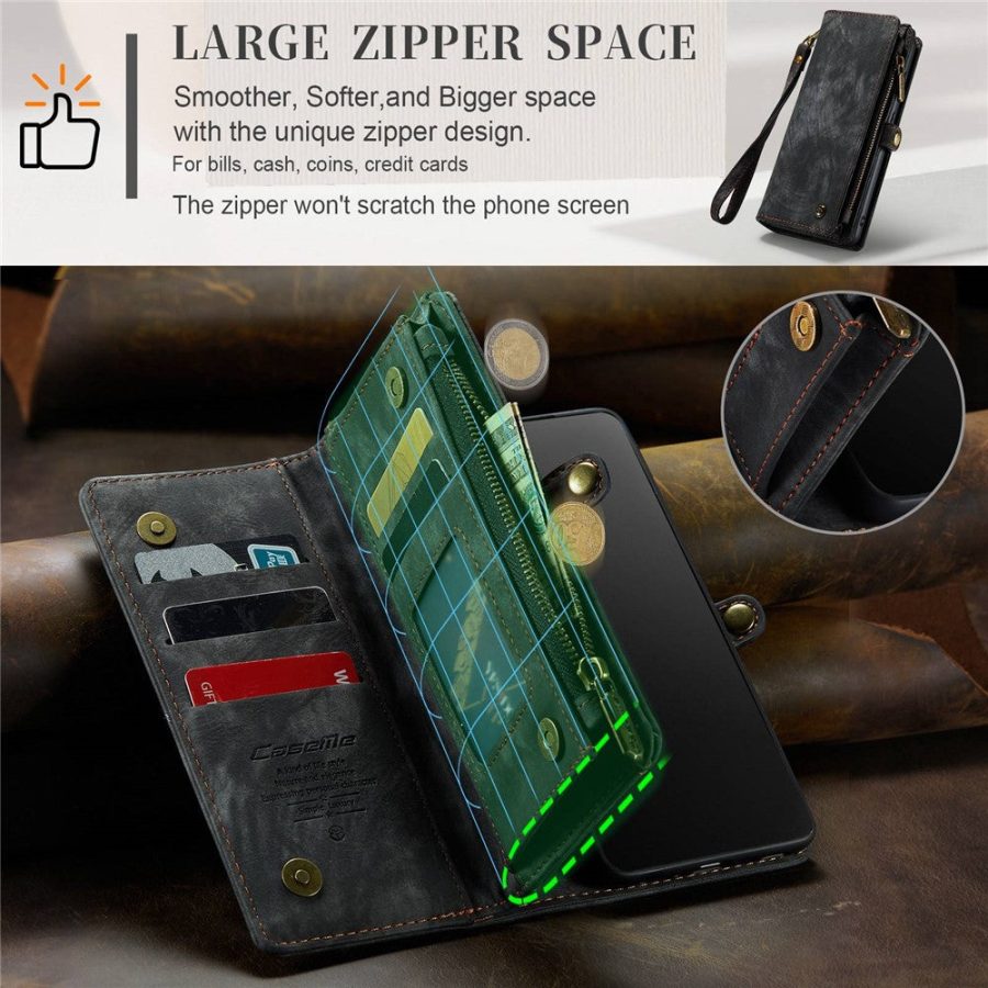 101244707A-11 CASEME For Samsung Galaxy S22+ Case 2-in-1 Detachable Magnetic Zipper Wallet Vegan Leather Flip Cover