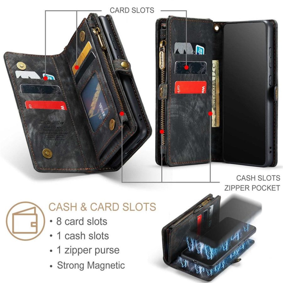 101244707A-13 CASEME For Samsung Galaxy S22+ Case 2-in-1 Detachable Magnetic Zipper Wallet Vegan Leather Flip Cover