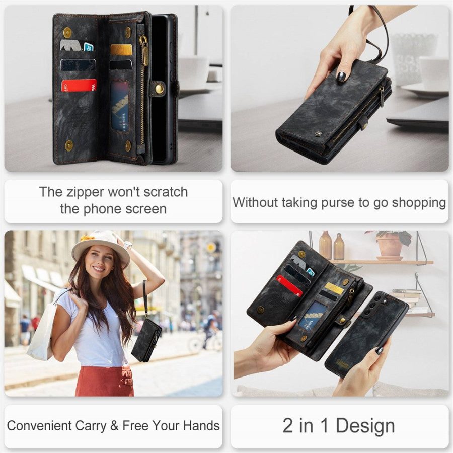 101244707A-14 CASEME For Samsung Galaxy S22+ Case 2-in-1 Detachable Magnetic Zipper Wallet Vegan Leather Flip Cover