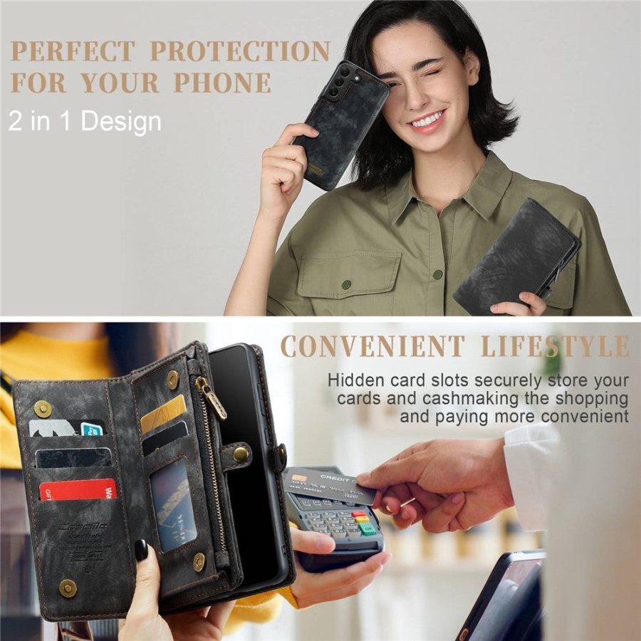 101244707A-9 CASEME For Samsung Galaxy S22+ Case 2-in-1 Detachable Magnetic Zipper Wallet Vegan Leather Flip Cover