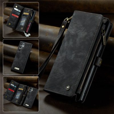 101244721A-1 CASEME For Samsung Galaxy S22 Ultra Case 2-in-1 Detachable Magnetic Zipper Wallet Vegan Leather Flip Cover