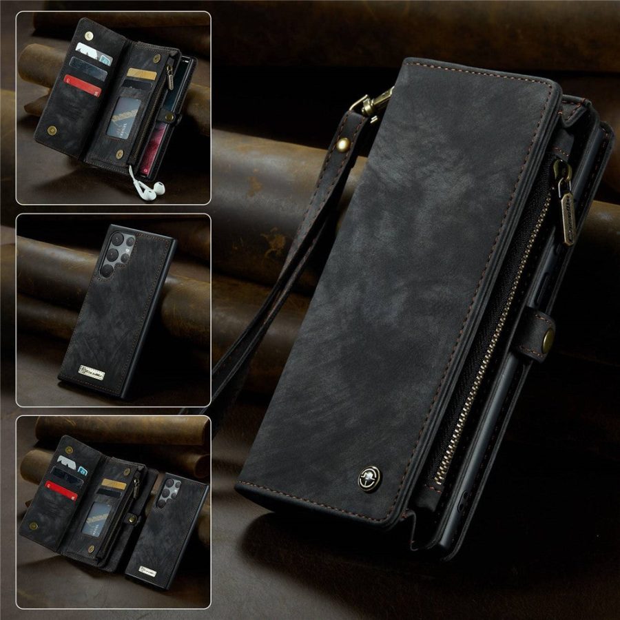101244721A-1 CASEME For Samsung Galaxy S22 Ultra Case 2-in-1 Detachable Magnetic Zipper Wallet Vegan Leather Flip Cover