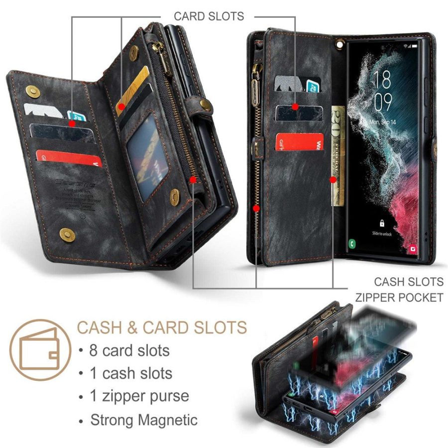 101244721A-12 CASEME For Samsung Galaxy S22 Ultra Case 2-in-1 Detachable Magnetic Zipper Wallet Vegan Leather Flip Cover