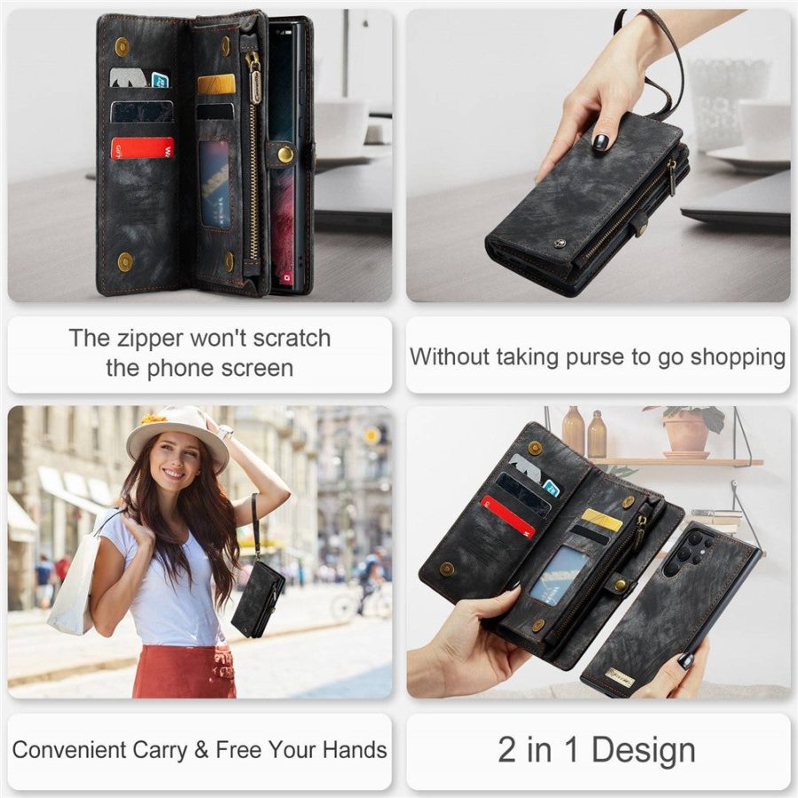 101244721A-13 CASEME For Samsung Galaxy S22 Ultra Case 2-in-1 Detachable Magnetic Zipper Wallet Vegan Leather Flip Cover