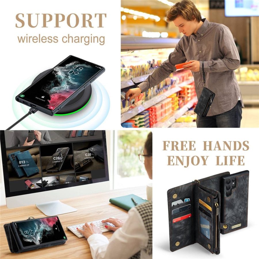101244721A-14 CASEME For Samsung Galaxy S22 Ultra Case 2-in-1 Detachable Magnetic Zipper Wallet Vegan Leather Flip Cover