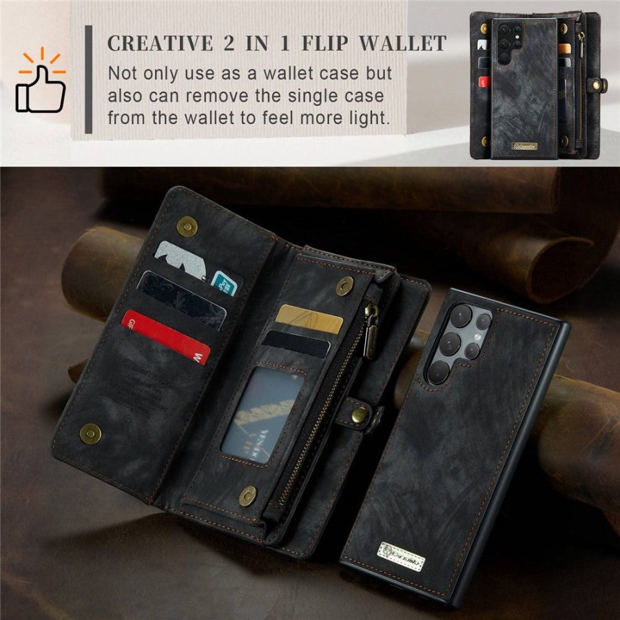 101244721A-15 CASEME For Samsung Galaxy S22 Ultra Case 2-in-1 Detachable Magnetic Zipper Wallet Vegan Leather Flip Cover