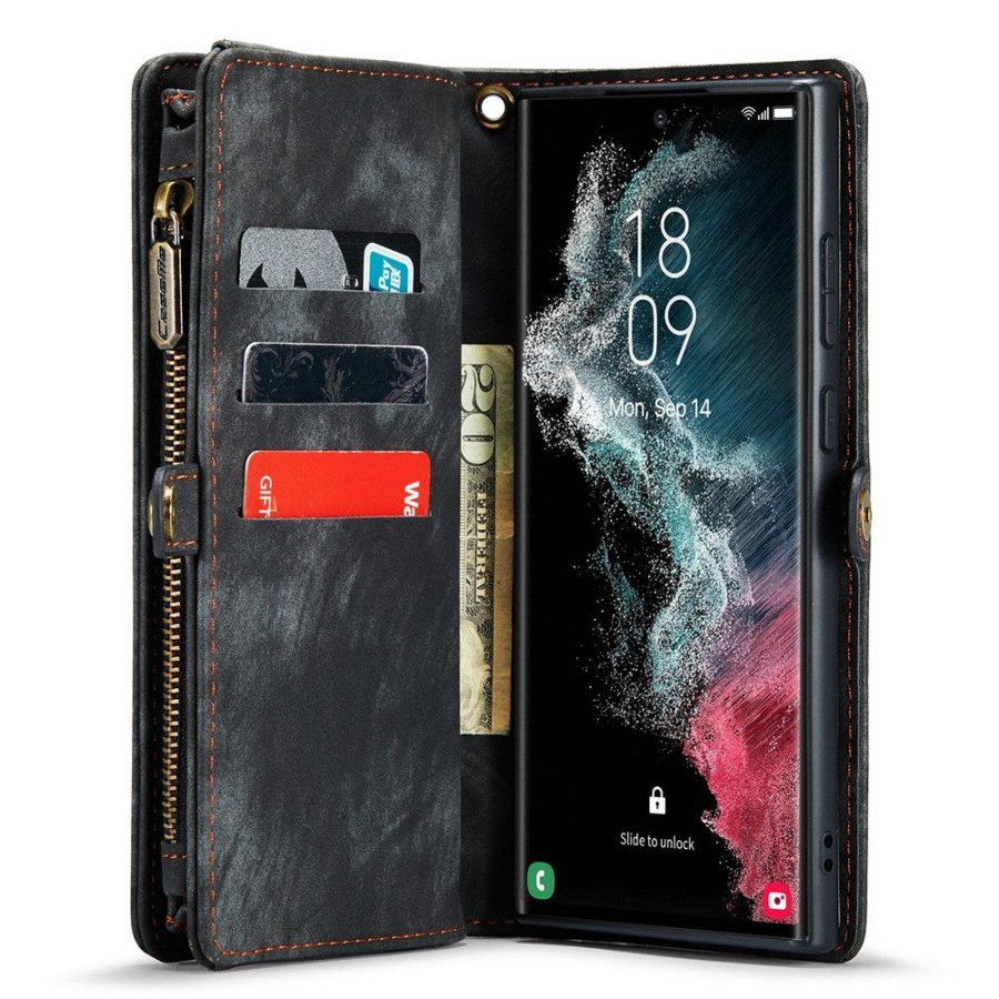 101244721A-5 CASEME For Samsung Galaxy S22 Ultra Case 2-in-1 Detachable Magnetic Zipper Wallet Vegan Leather Flip Cover