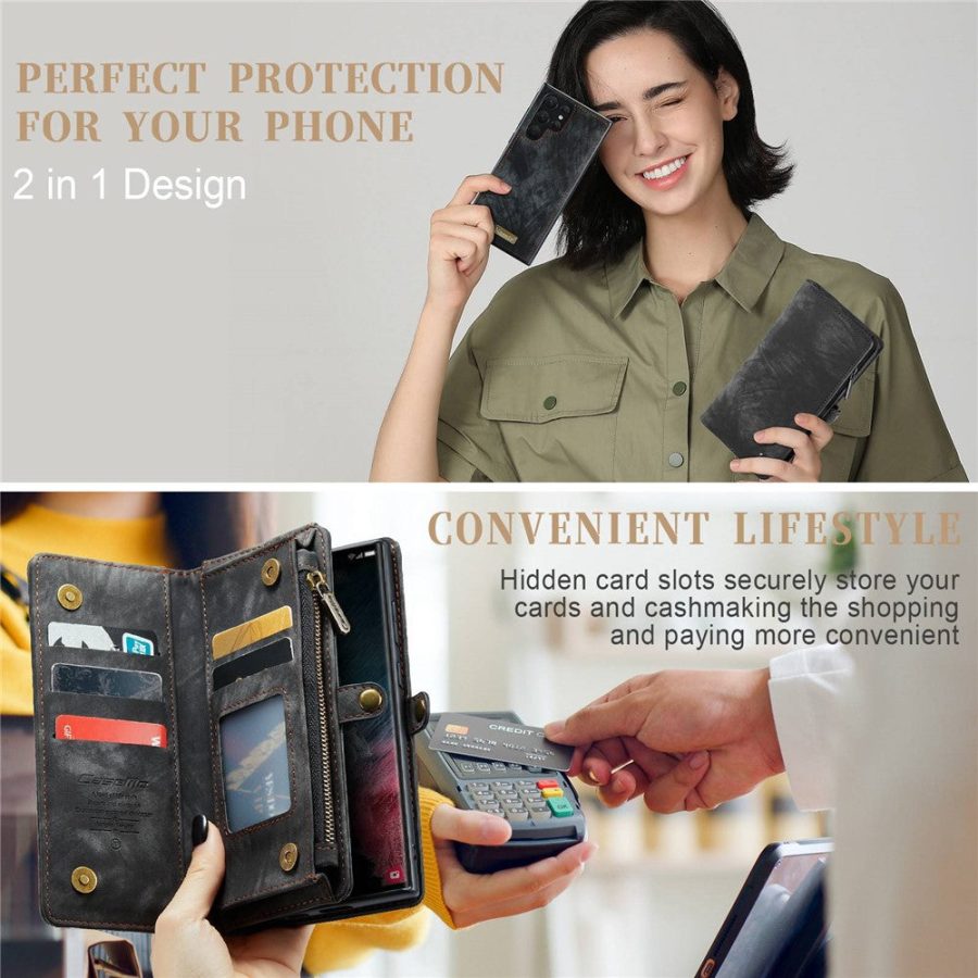 101244721A-9 CASEME For Samsung Galaxy S22 Ultra Case 2-in-1 Detachable Magnetic Zipper Wallet Vegan Leather Flip Cover