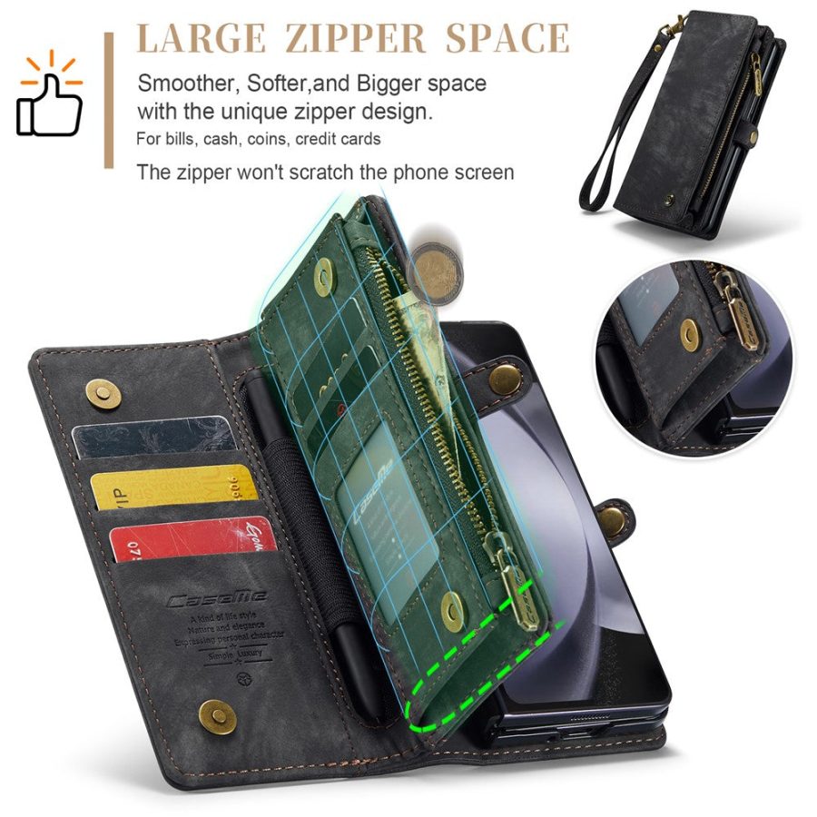 6601103052E-4 CASEME For Samsung Galaxy Z Fold5 Case 2-in-1 Detachable Magnetic Zipper Wallet Vegan Leather Flip Cover