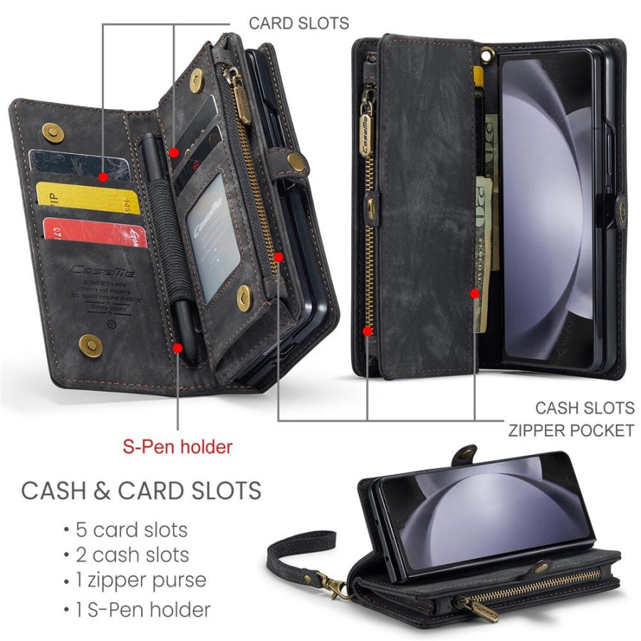 6601103052E-7 CASEME For Samsung Galaxy Z Fold5 Case 2-in-1 Detachable Magnetic Zipper Wallet Vegan Leather Flip Cover