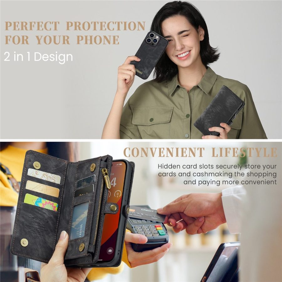 6601114862C-10 CASEME For iPhone 16 Pro Max Case 2-in-1 Detachable Magnetic Zipper Wallet Vegan Leather Flip Cover