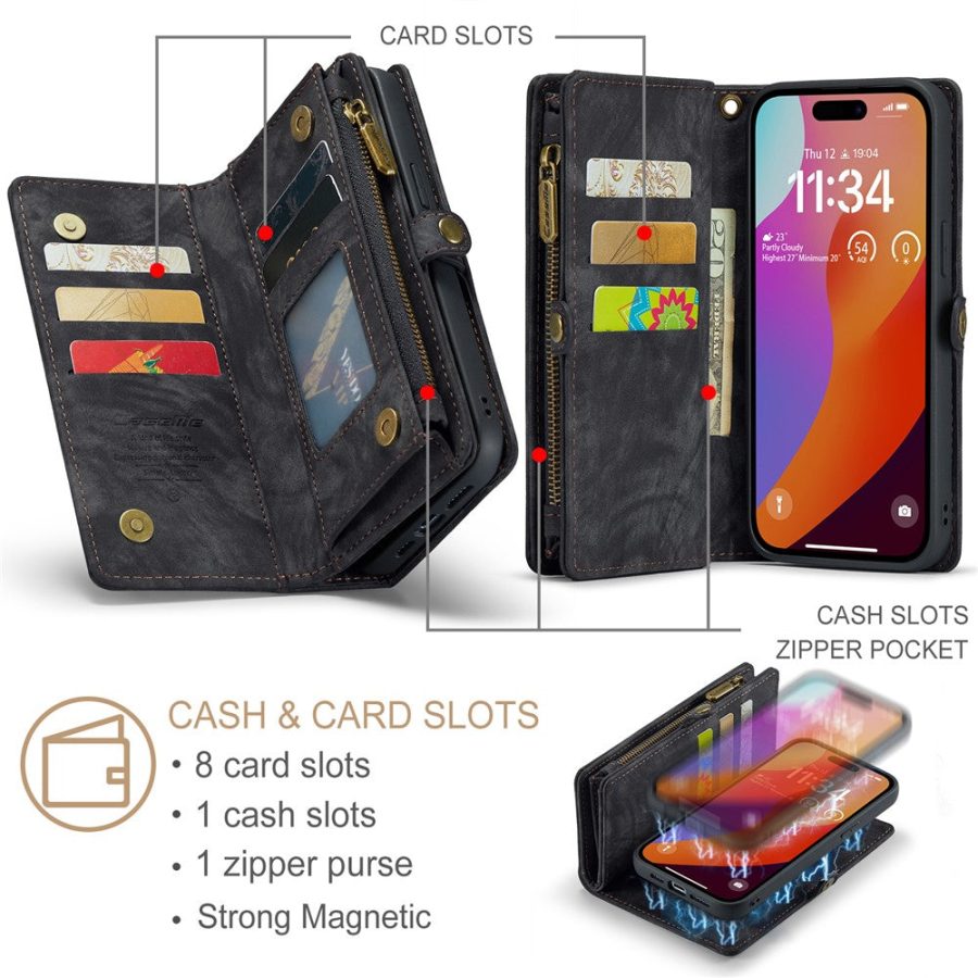 6601114862C-5 CASEME For iPhone 16 Pro Max Case 2-in-1 Detachable Magnetic Zipper Wallet Vegan Leather Flip Cover