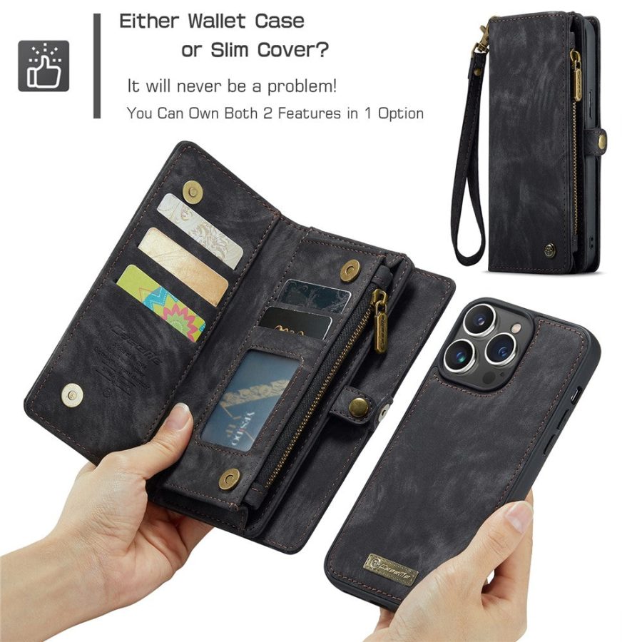 6601114862C-9 CASEME For iPhone 16 Pro Max Case 2-in-1 Detachable Magnetic Zipper Wallet Vegan Leather Flip Cover
