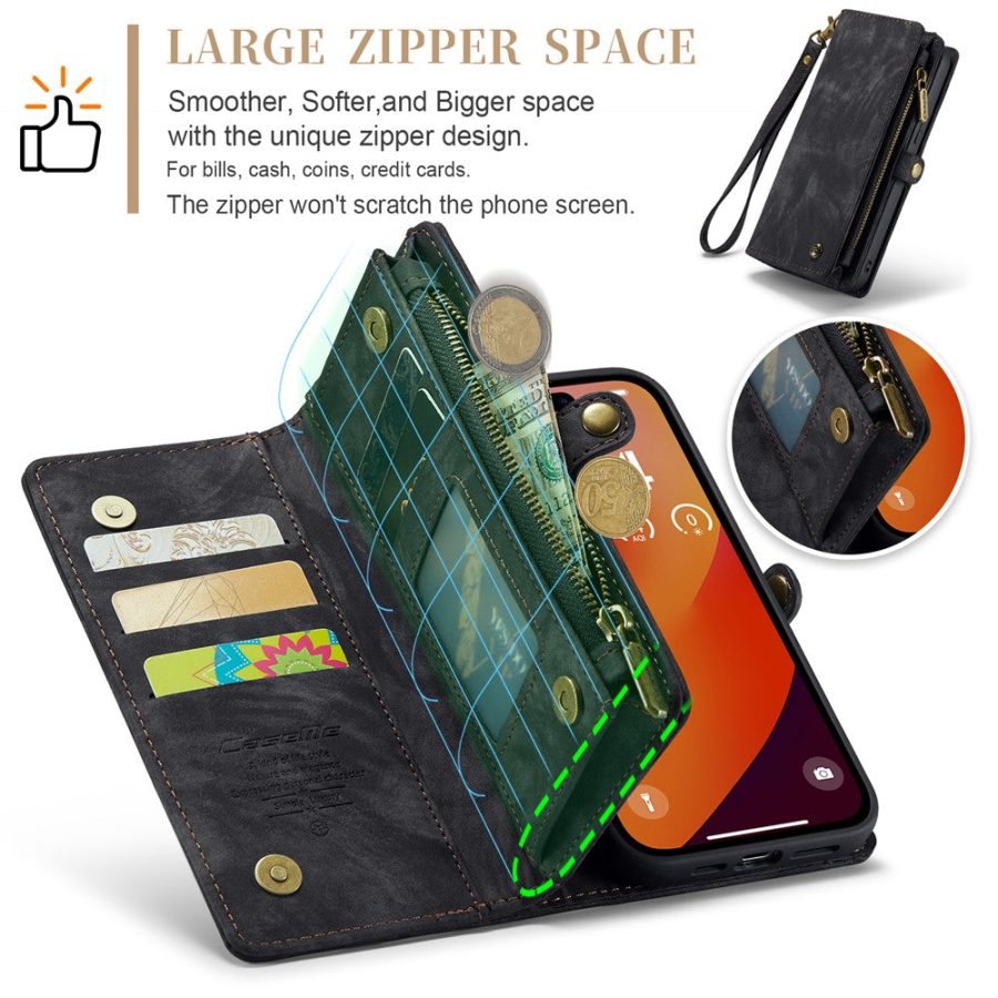 6601114863C-6 CASEME For iPhone 16 Pro Case 2-in-1 Detachable Magnetic Zipper Wallet Vegan Leather Flip Cover