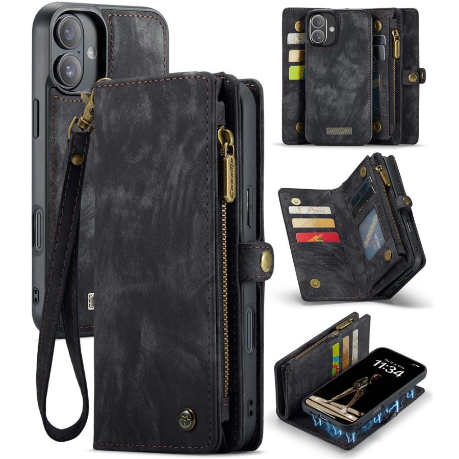 6601116136C-1 CASEME For iPhone 16 Case 2-in-1 Detachable Magnetic Zipper Wallet Vegan Leather Flip Cover