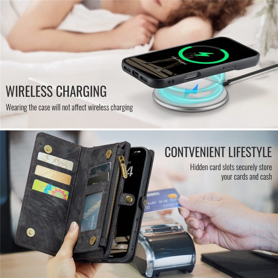 6601116136C-10 CASEME For iPhone 16 Case 2-in-1 Detachable Magnetic Zipper Wallet Vegan Leather Flip Cover