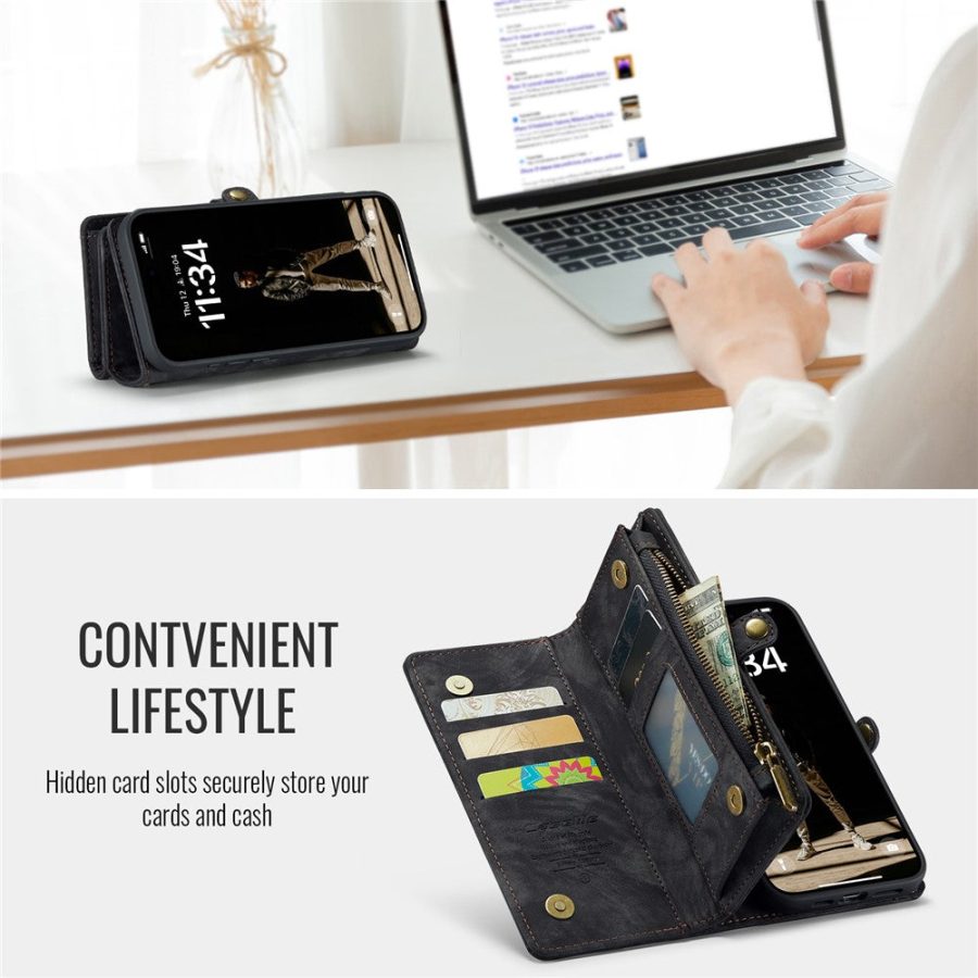 6601116136C-7 CASEME For iPhone 16 Case 2-in-1 Detachable Magnetic Zipper Wallet Vegan Leather Flip Cover