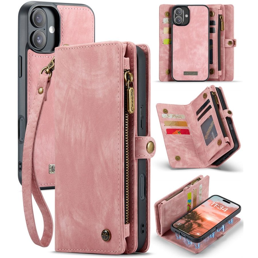 6601116136D-1 CASEME For iPhone 16 Case 2-in-1 Detachable Magnetic Zipper Wallet Vegan Leather Flip Cover
