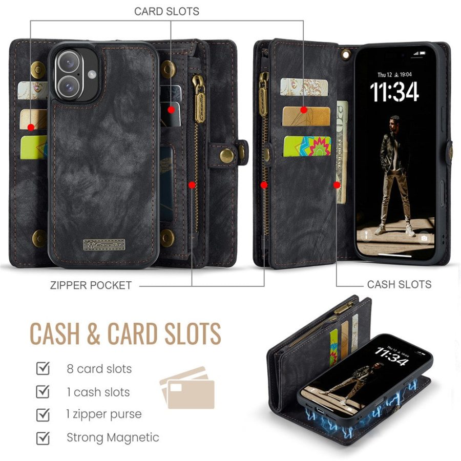 6601116137C-4 CASEME For iPhone 16 Plus Case 2-in-1 Detachable Magnetic Zipper Wallet Vegan Leather Flip Cover