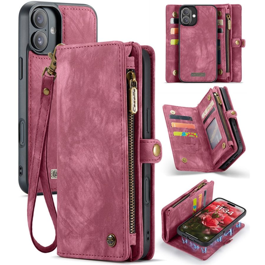 6601116137E-1 CASEME For iPhone 16 Plus Case 2-in-1 Detachable Magnetic Zipper Wallet Vegan Leather Flip Cover