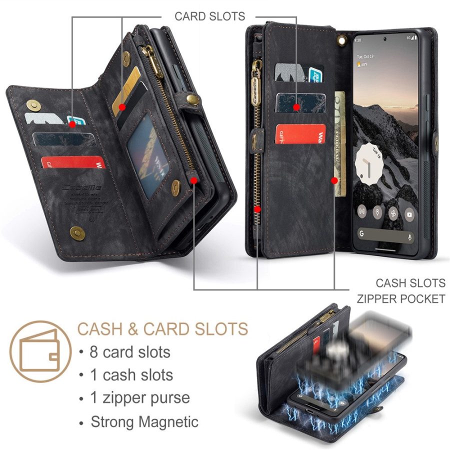 6601117178D-4 CASEME For Google Pixel 9 Pro XL Case 2-in-1 Detachable Magnetic Zipper Wallet Vegan Leather Flip Cover