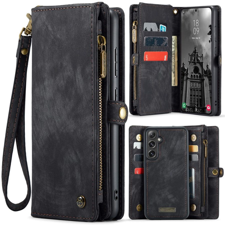 CASEME For Samsung Galaxy S24 FE Case 2-in-1 Detachable Magnetic Zipper Wallet Vegan Leather Flip Cover