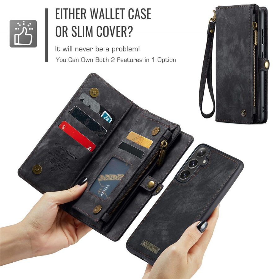 CASEME For Samsung Galaxy S24 FE Case 2-in-1 Detachable Magnetic Zipper Wallet Vegan Leather Flip Cover