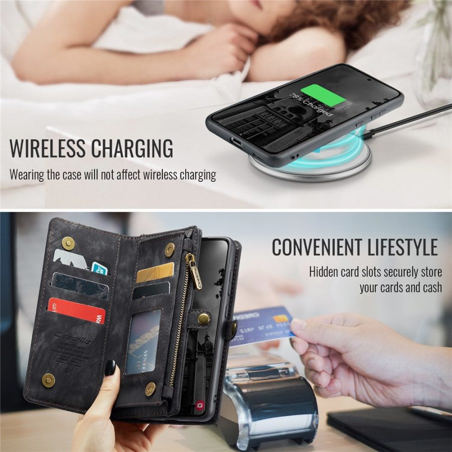 CASEME For Samsung Galaxy S24 FE Case 2-in-1 Detachable Magnetic Zipper Wallet Vegan Leather Flip Cover