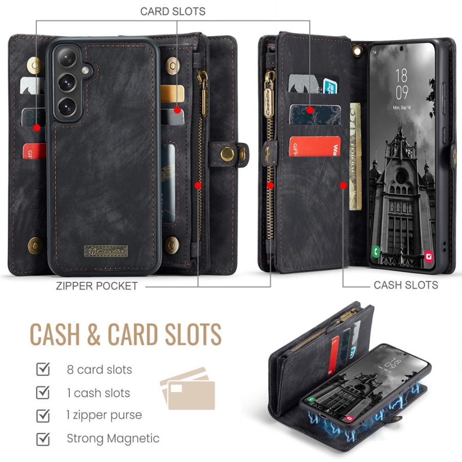 CASEME For Samsung Galaxy S24 FE Case 2-in-1 Detachable Magnetic Zipper Wallet Vegan Leather Flip Cover