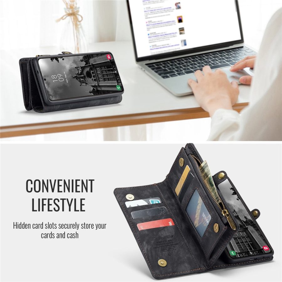 CASEME For Samsung Galaxy S24 FE Case 2-in-1 Detachable Magnetic Zipper Wallet Vegan Leather Flip Cover