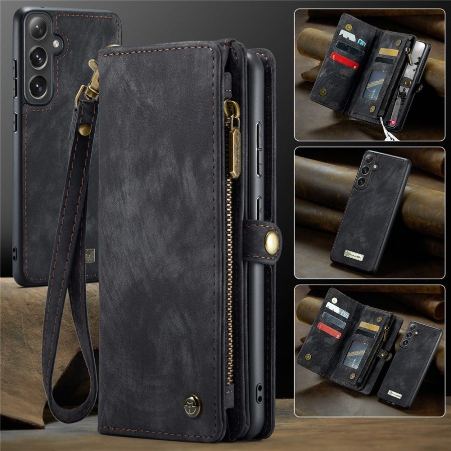 CASEME For Samsung Galaxy S24 FE Case 2-in-1 Detachable Magnetic Zipper Wallet Vegan Leather Flip Cover
